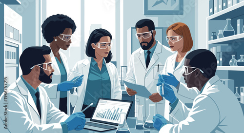 Scientists collaborating in modern laboratory setting with safety gear and equipment