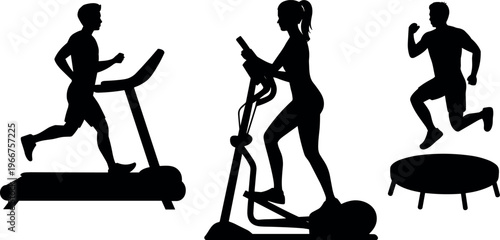Collection of fitness silhouettes using treadmill, elliptical trainer, and trampoline showcasing cardio workout and active lifestyle isolated on clean background