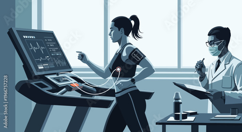 Futuristic fitness: woman on treadmill with wearable tech and doctor monitoring in lab