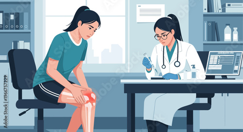 Medical consultation: patient discusses knee pain with doctor in clinic