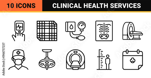 Medical and Healthcare Services Minimalist Monoline Outline Icons Set Featuring Professional Geometric Line Art for Clinical Utility