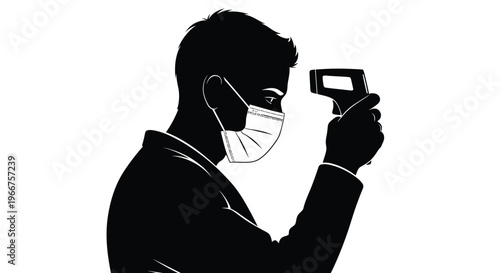 Man wearing a face mask using a digital thermometer for temperature check