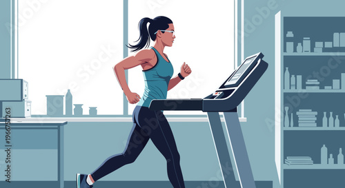 Woman running on treadmill in modern gym room with fitness equipment