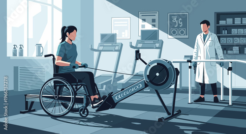 Adaptive fitness: wheelchair user exercising with support in modern gym