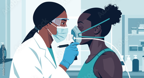 Healthcare worker administering respiratory care to patient in modern clinic setting