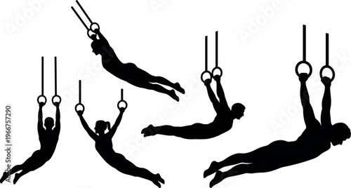 Collection of gymnast silhouettes performing rings exercises showcasing strength, balance, and flexibility in artistic gymnastics isolated on clean background