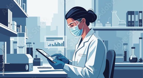 Scientist in modern lab analyzing data on tablet in flat design