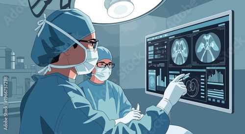 Medical professionals analyzing patient x-rays in modern hospital environment