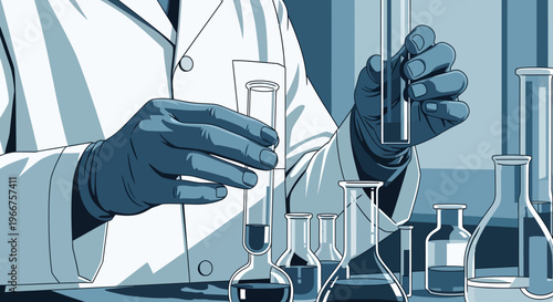 Scientist in laboratory with glassware and test tubes in modern blue tone