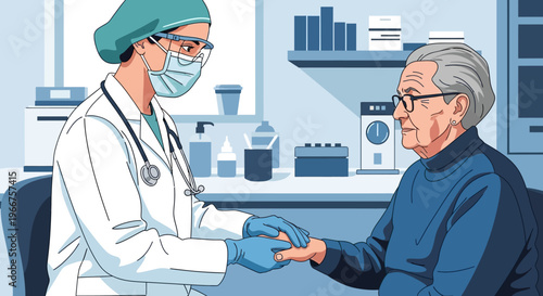 Healthcare professional caring for elderly patient in medical setting