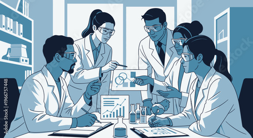 Researchers collaborating in laboratory on scientific data and analysis in modern workplace