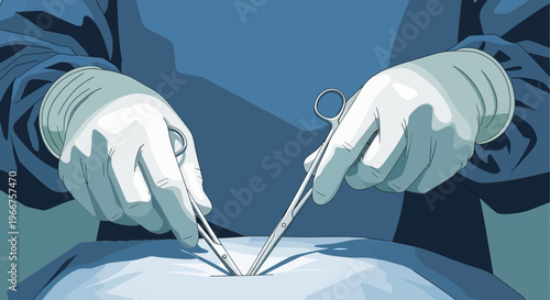 Surgeon in action: hands performing precise operation with surgical tools