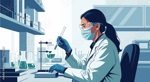 Scientist in laboratory analyzing samples with precision and safety measures