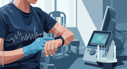 Healthcare professional using smartwatch for monitoring in modern clinic