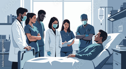 Medical team consultation in hospital room with patient: healthcare professionals in discussion