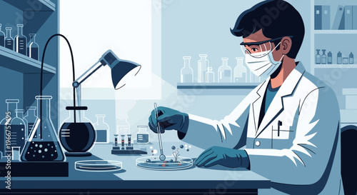 Scientist in lab conducting experiments in modern flat style