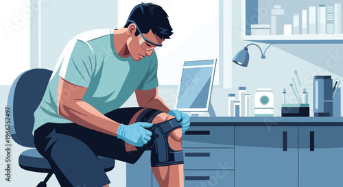 Man applying knee brace in modern medical clinic setting