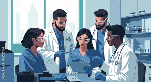 Diverse medical team collaborating in modern research lab setting