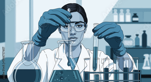 Scientist conducting experiments with test tubes in a laboratory setting