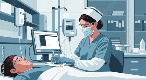 Medical professional recording patient data in clinic setting with modern equipment