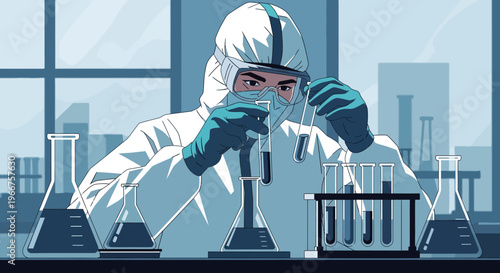 Scientist in protective gear conducting lab experiments with test tubes and beakers in modern laboratory setting