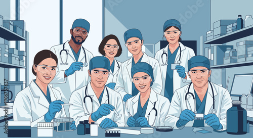 Diverse medical team in laboratory setting: collaborative healthcare professionals in action