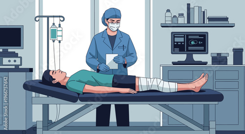 Healthcare professional examining patient with leg injury in modern medical facility