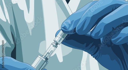 Scientist wearing gloves handling a syringe in detailed close-up