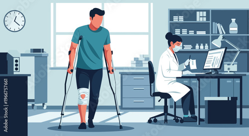Medical clinic scene with doctor and injured patient on crutches in modern office