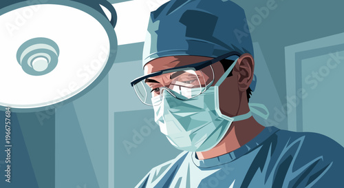 Surgeon in operating room performing procedure in modern flat design art style