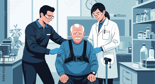Healthcare professionals assisting elderly patient in medical setting