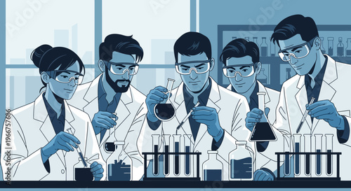 Diverse team of scientists conducting experiments in a lab