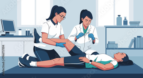 Physiotherapy session in modern clinic setting with healthcare professionals