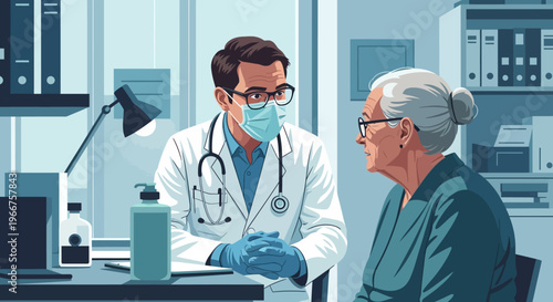 Doctor consulting elderly patient in medical office for healthcare advice