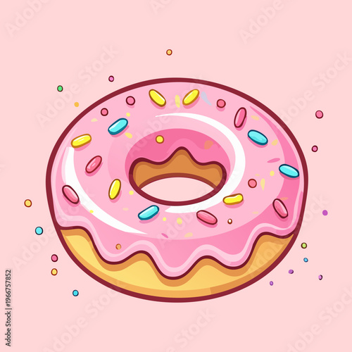 Tasty strawberry glazed donut with sugar sprinkles for children birthday parties and sweet tooth cravings at cafe - Vector Illustration