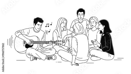 A group of young friends singing and playing guitar together.