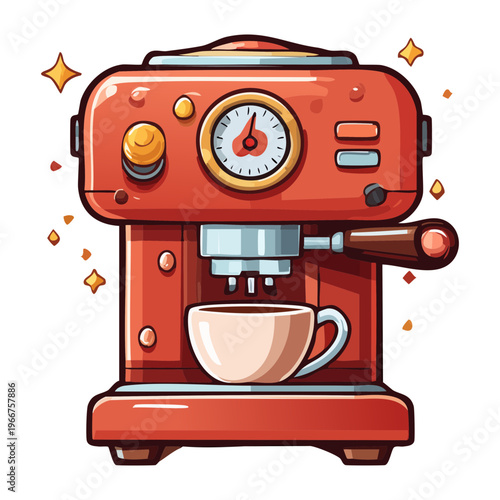 Red vintage style espresso machine with coffee cup for professional barista and cafe kitchen equipment branding materials - Vector Illustration