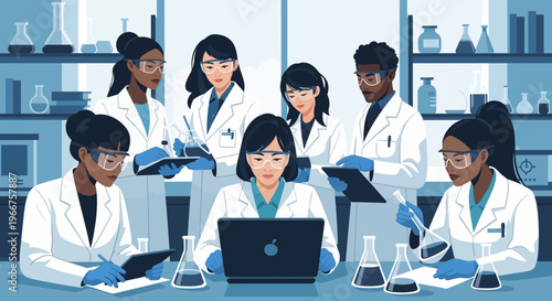 Diverse group of scientists collaborating in modern laboratory setting