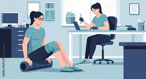 Women engaging in office exercise and remote work in a modern workspace