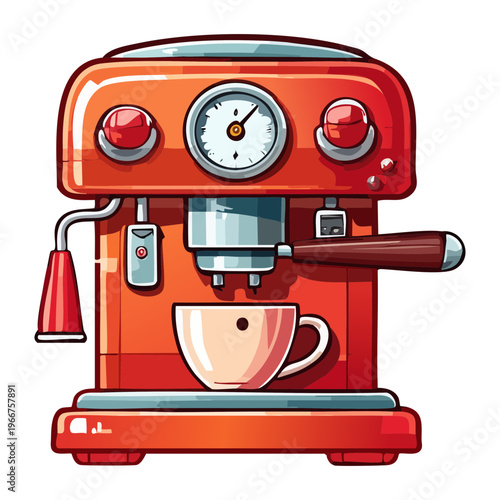 Modern red espresso brewer for home kitchen or cafe counter with hot cup of fresh morning coffee - Vector Illustration