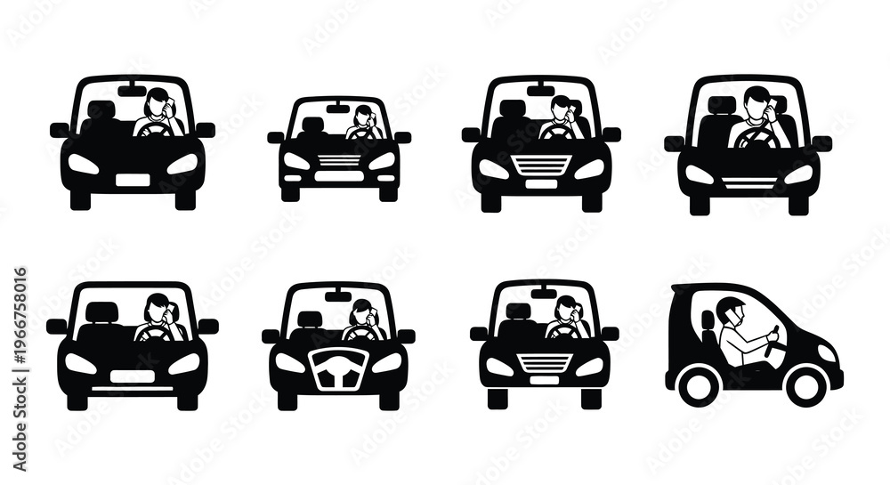 Fototapeta premium Black and white icons depicting people driving cars while using phones