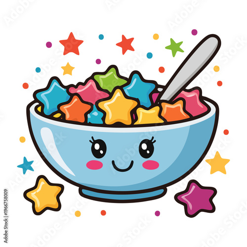 Cute blue cereal bowl character with colorful star shaped flakes for fun morning breakfast and children nutrition - Vector Illustration