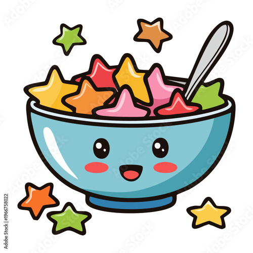 Smiling cereal bowl with colorful stars and milk for fun healthy breakfast and kids meal advertisement design - Vector Illustration
