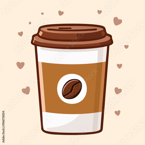 Takeaway coffee cup with bean logo for quick caffeine fix and morning commute beverage for busy people - Vector Illustration