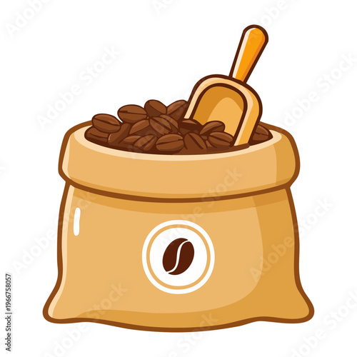 Jute sack filled with roasted coffee beans and a wooden scoop for bulk market and cafe supply - Vector Illustration