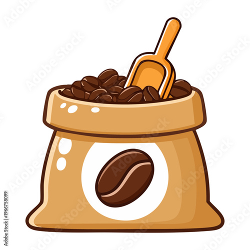 Coffee bean sack with wooden scoop for traditional market stall and organic beverage ingredient storage display - Vector Illustration