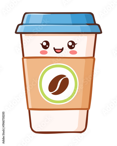 Cute smiling takeaway coffee cup with green logo for eco friendly cafe mascot and fun morning drink - Vector Illustration