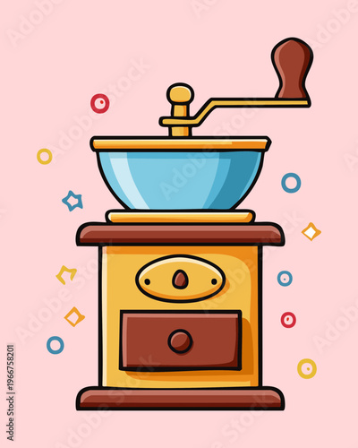 Vintage manual coffee grinder for artisanal roastery and traditional bean grinding process in rustic cafe or kitchen - Vector Illustration