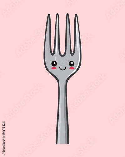 Cute smiling silver fork character for fun kids kitchen and children dining room meal time activity mascot - Vector Illustration