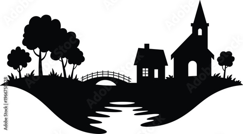 Flat vector illustration of rural village landscape with hills, river, bridge, house, church steeple, trees, peaceful countryside scene design